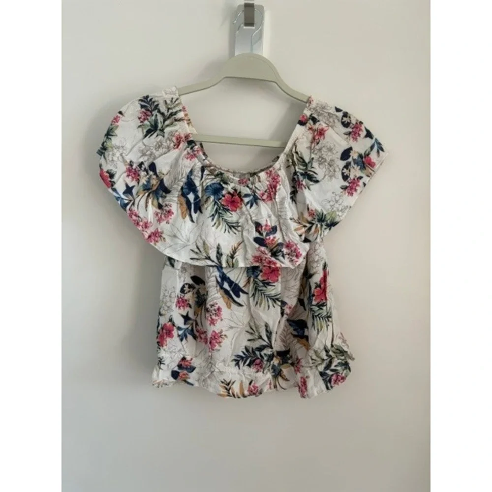 American Eagle Floral Off The Shoulder Ruffle Top White Tropical Print Size M‎